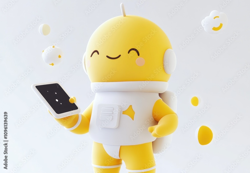 Poster a cheerful yellow robot holding a tablet, surrounded by playful floating elements.