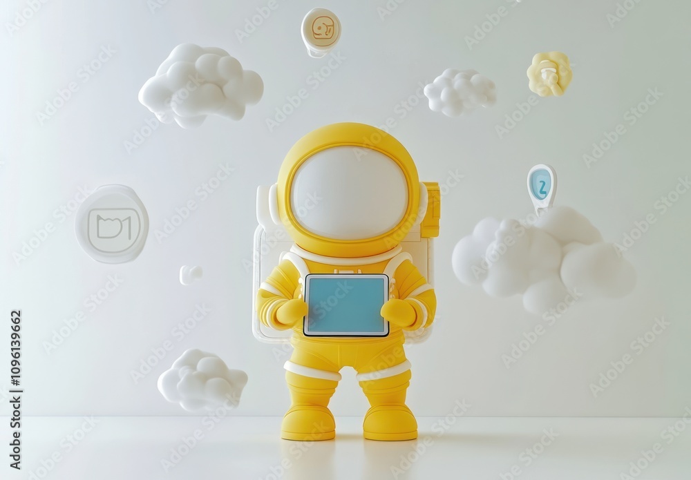 Aufkleber a yellow astronaut figure holds a tablet amidst floating clouds and icons.