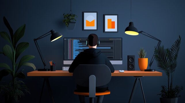 Person coding in modern workspace at night