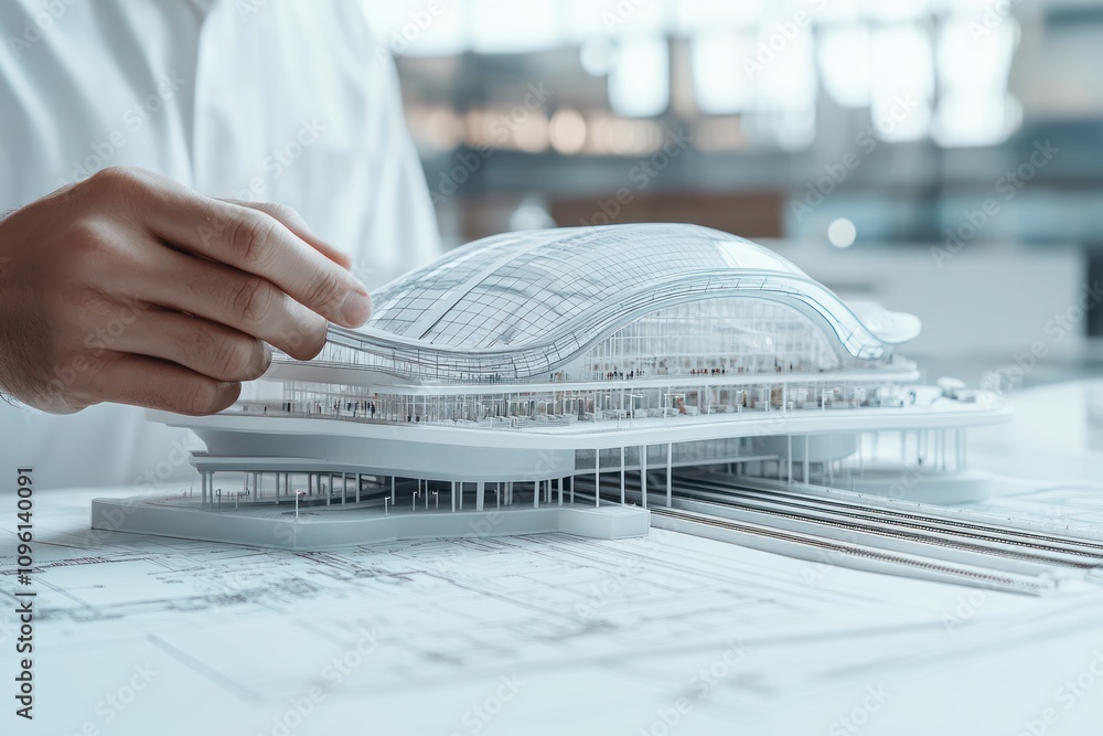 Poster A person adjusting a model of a modern architectural design on a blueprint.