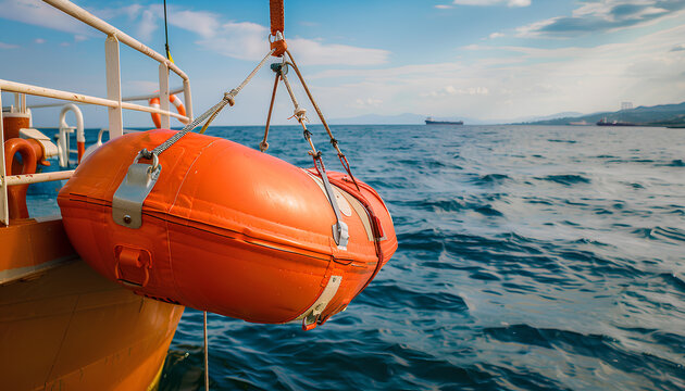 davit launched liferaft onshore, old rusty ship lifeboat, resque training stcw on vessel, seafarer education, orange safety boat