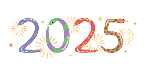 New year 2025 celebration with colorful snake shaped numbers. Happy New Year and symbol of the Snake.