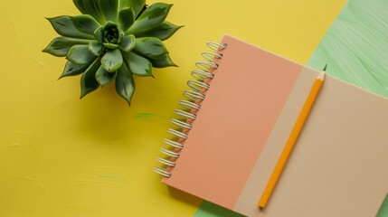 Spiral Textbook and Plant: Above overhead close-up flatlay view photo of a clear spiral textbook with a drawing pencil and succulent plant on a half yellow and beige desk.