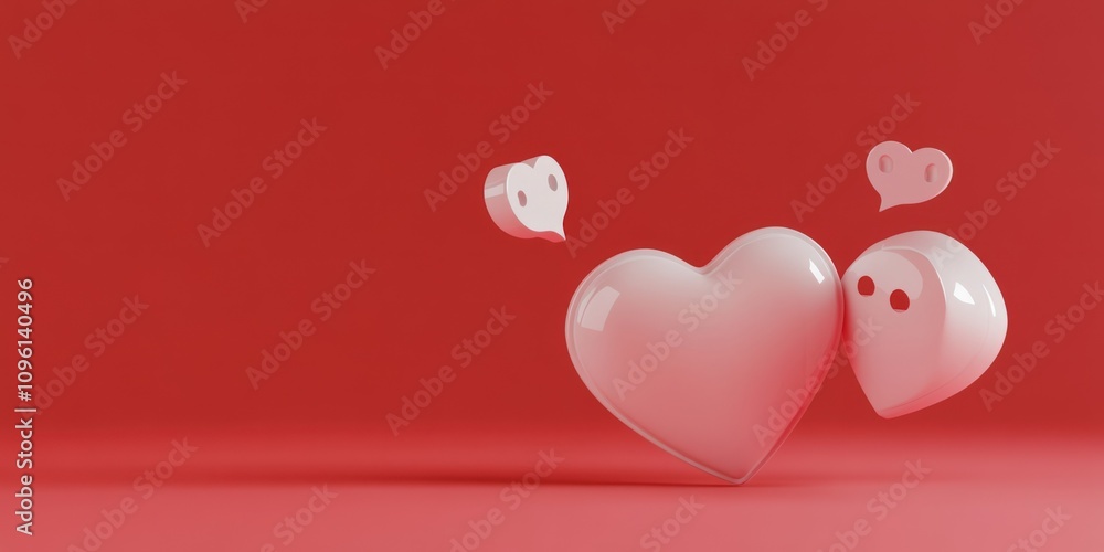 Poster a playful scene featuring heart shapes and ghost-like figures on a vibrant red background.