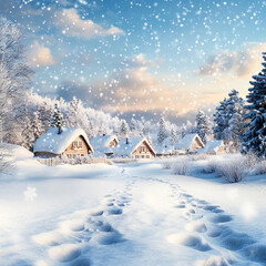 Fototapeta premium Snowy village landscape with cottages under a blue sky and falling snowflakes during winter
