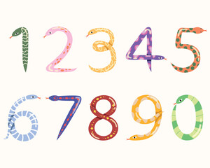 Set of colorful snake shaped numbers design, 0-9 numbers. Snake shaped numbers decorative.