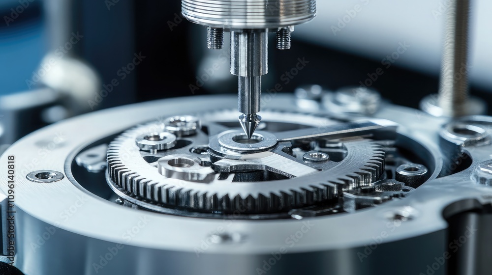 Poster high-precision machinery component assembly in a manufacturing environment, showcasing intricate gea