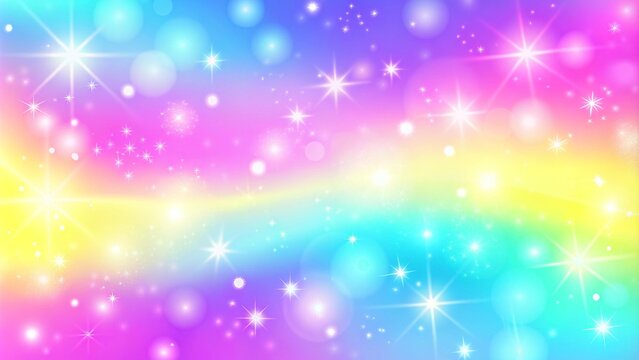 Fototapeta Holographic pastel color, galaxy fantasy background. The Pastel sky with a rainbow for unicorns. Glitter's rainbow sky. Rainbow unicorn fantasy background with stars and sparkles