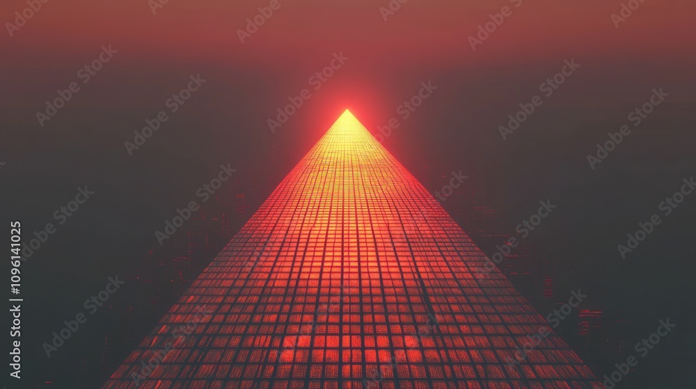 Poster a striking pyramid structure reflecting a sunset, creating a dramatic visual effect.