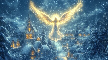 A celestial Christmas angel with a glowing aura, her wings shining brightly as she flies above a serene snowy village 