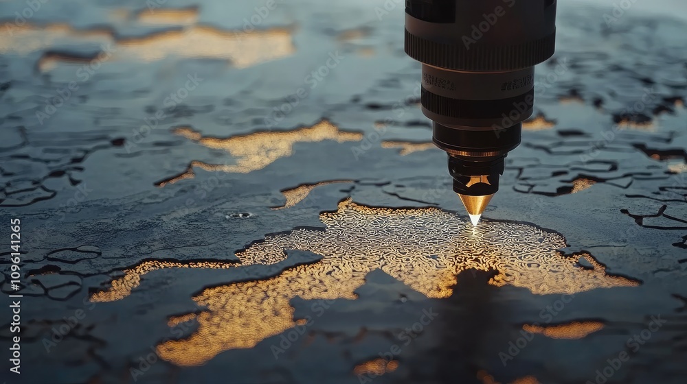 Poster close-up of precision laser cutting process on detailed material, highlighting light reflections and