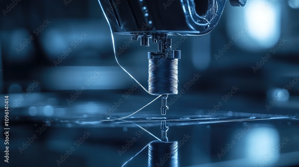 Aufkleber close-up view of a sewing machine needle and thread in a tailoring workshop, highlighting the crafts