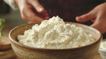 A bowl filled with freshly made cottage cheese highlights the creamy texture and natural appearance of this homemade delight