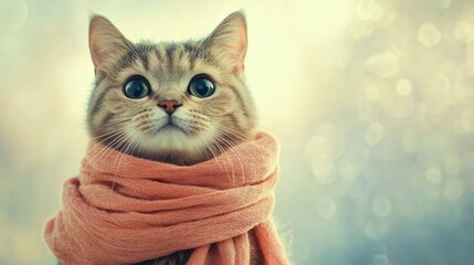 Charming cat with oversized eyes elegantly wrapped in a soft pastel silk scarf, set against a...