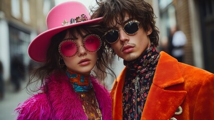 Two stylish individuals showcase bold, colorful vintage outfits and sunglasses on a city street, embodying retro fashion trends.