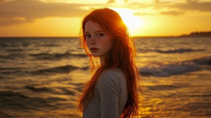 Fototapeta premium Portrait of a young woman with red hair gazing at the ocean during a vibrant sunset, creating a serene atmosphere.