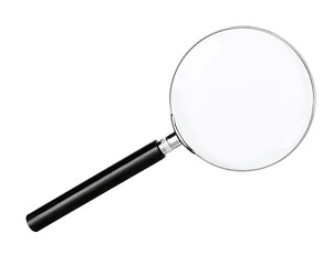 The image displays a magnifying glass with a round, clear lens and a black handle. It is positioned...