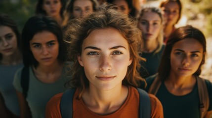Obraz premium A diverse group of young women stand confidently outdoors, embodying empowerment and unity against a natural background.