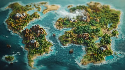 Stylized 3D world map showing continents, oceans, mountains, forests, and sailing ships.