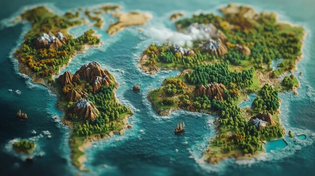 Fototapeta Stylized 3D world map showing continents, oceans, mountains, forests, and sailing ships.