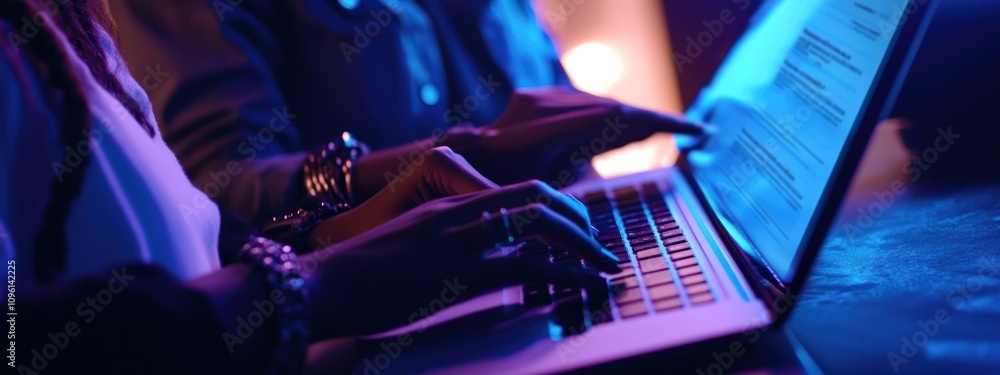 Aufkleber close-up of hands typing on a laptop in a dimly lit environment.