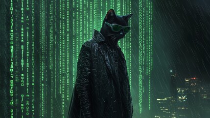 A black cat in a trench coat and sunglasses stands amid green digital rain, evoking a futuristic, cyberpunk theme.