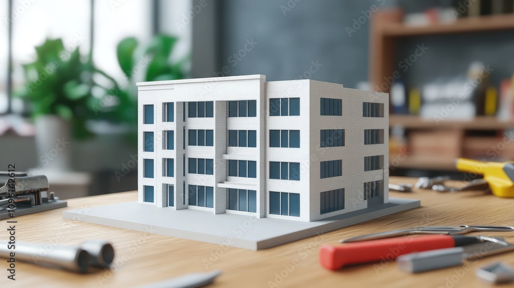 Aufkleber miniature architectural model of an apartment building displayed on a wooden desk surrounded by cons