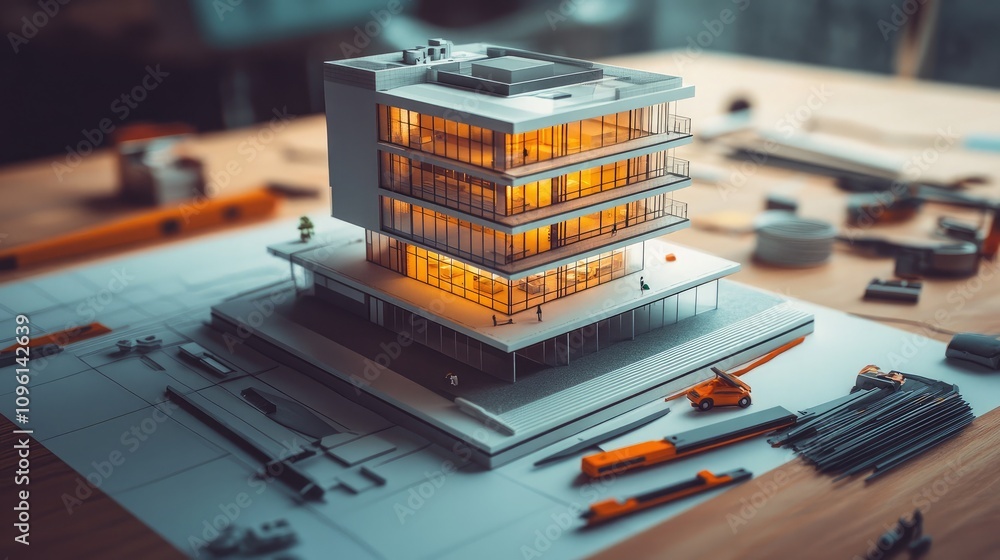 Aufkleber modern architectural model of a sleek building design illuminated from within, showcasing contempora