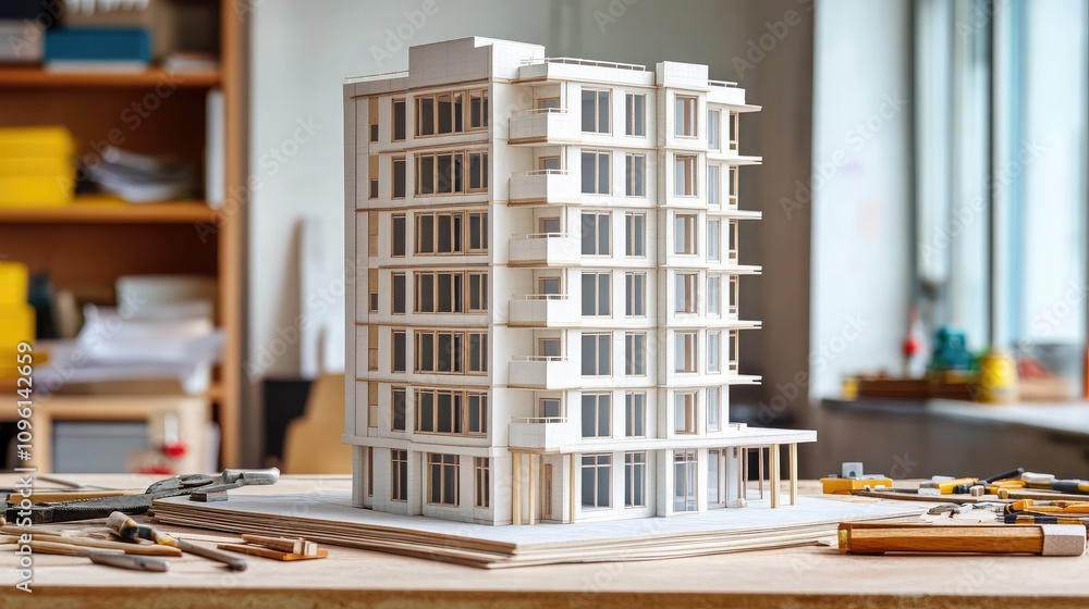 Poster detailed architectural model of a modern residential building created with precision in a well-lit d
