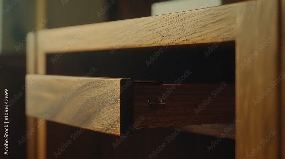 Poster close-up view of a wooden drawer with a slightly opened front, showcasing natural grain patterns and