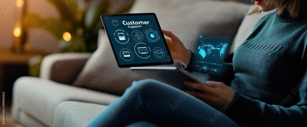 Poster A person using a laptop displaying customer support graphics in a cozy setting.