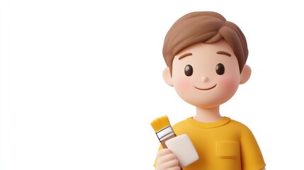 A cheerful cartoon boy holding a paintbrush, ready for an art project.
