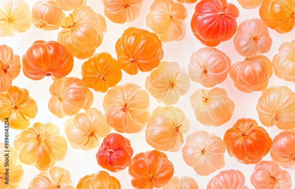 Poster A colorful arrangement of translucent, jelly-like shapes resembling fruits.