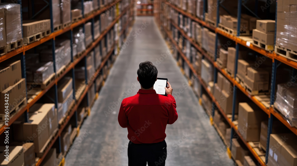 Aufkleber warehouse employee using tablet to check inventory in storage aisles, surrounded by stacked boxes an
