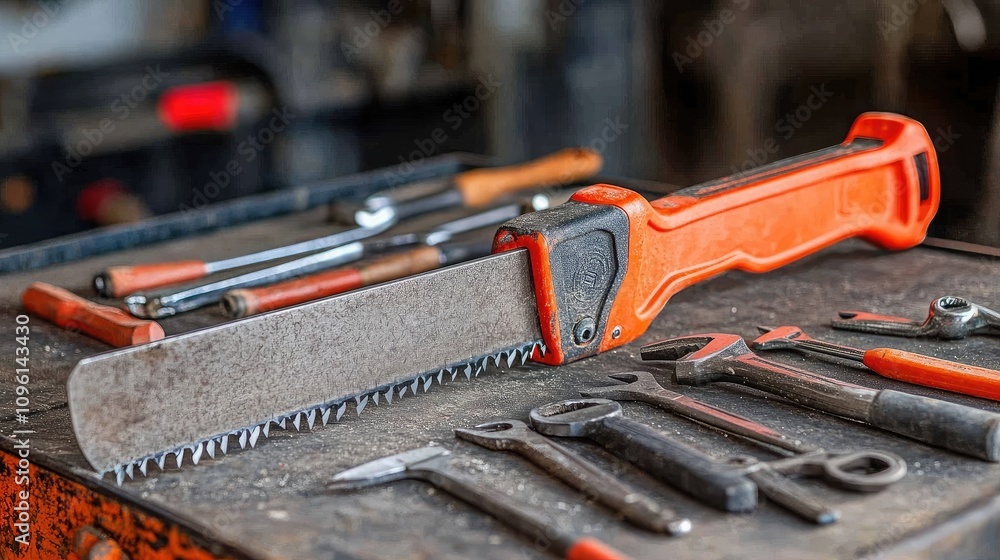 Poster close-up of a hand saw with bright orange handle on a workbench surrounded by various tools in a wor