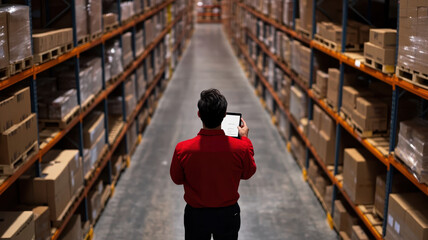 Warehouse employee using tablet to check inventory in storage aisles, surrounded by stacked boxes and shelves, ensuring efficient stock management