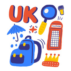 Cute England, english, UK, United Kingdom objects, composition with hand drawn doodle lens, telephone booth, backpack, umbrella, rain, beer, crown. Tourist, travel, education signs