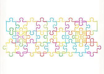 A continuous single line drawing of jigsaw puzzle pieces, with the puzzle pieces arranged in a visually appealing pattern