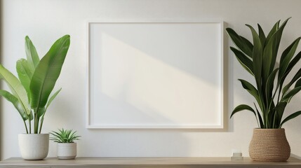 Minimalist white frame mockup displayed on a clean office reception wall accompanied by vibrant green plants and a stylish wooden shelf.