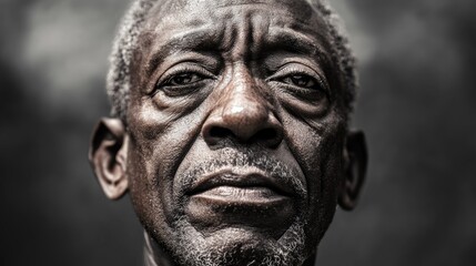 Close-up portrait of an older African American man with pronounced facial features, deep-set eyes, and a thoughtful expression against a blurred dark background.