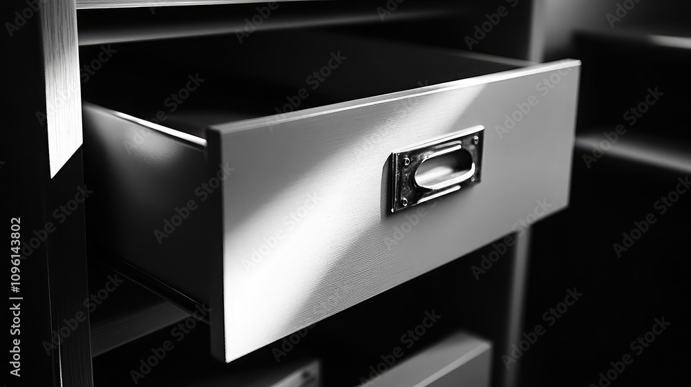 Aufkleber a close-up view of an open drawer in a modern cabinet with soft lighting highlighting its sleek desi