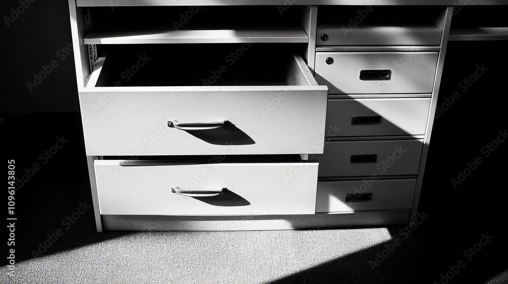 Poster minimalist workspace with open drawers casting shadows on floor in black and white, highlighting mod