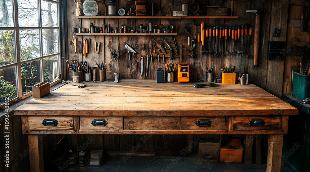 Poster a rustic workshop table with various tools neatly arranged on a wooden wall, illuminated by natural 