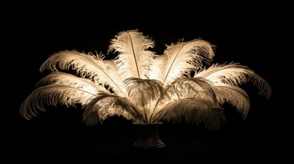 Illuminated ostrich feathers radiating vintage elegance in a Roaring 1920s style, set against a dramatic black background.
