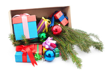 Box with Christmas decorations and gifts.