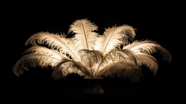 Illuminated ostrich feathers radiating vintage elegance in a Roaring 1920s style, set against a dramatic black background.