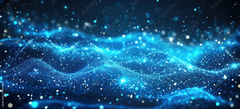 Poster abstract representation of flowing waves with luminous particles in a dark background.