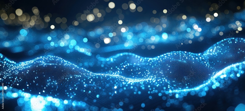 Poster Abstract representation of glowing blue waves with sparkling particles.