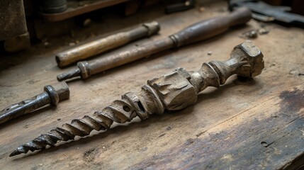 Rustic Wooden Antique Tool Displayed on a Wooden Workbench Surrounded by Various Handcrafted Instruments and a Vintage Workshop Atmosphere