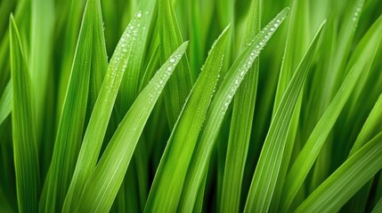 Fototapeta premium Vibrant green grass blades adorned with sparkling morning dew droplets, showcasing nature's freshness and tranquility.